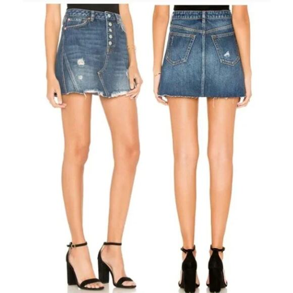 Free People Dresses & Skirts - Free People A-Line Denim Distressed Mini Skirt Button Fly Jean Skirt Women US 26